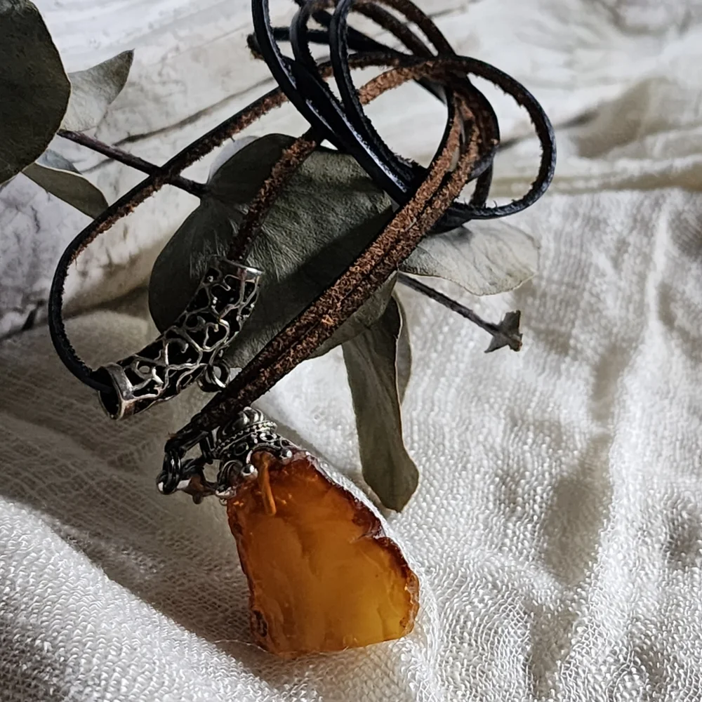 Amber Jewelry Boho Tribal Talisman AMBER NUGGET PENDANT Genuine Leather Cord